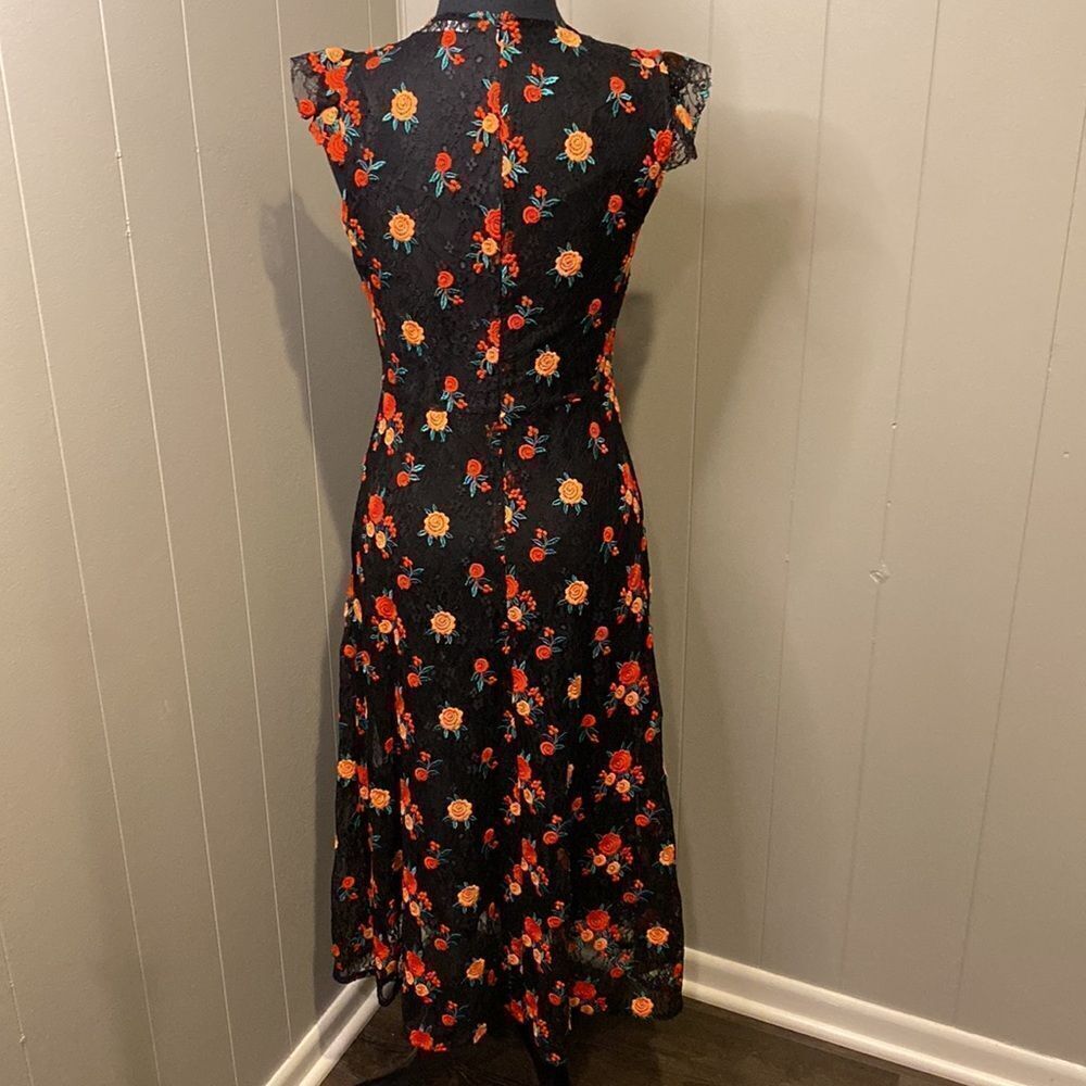 Zara Extra Small Black Lace Floral Midi Dress Black Underlining Long Ruffles - Picture 4 of 8